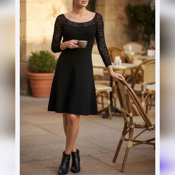 Rare Find 1970 Vintage Black Knit St.John Knits Fitted Flare Crochet Dress - Picture 6 of 8